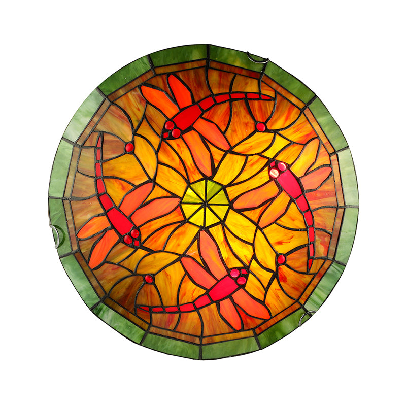 Lodge Dragonfly/Floral Flushmount 3 Bulbs Stained Glass Flush Ceiling Light in Yellow for Living Room - Clearhalo - 'Ceiling Lights' - 'Chandeliers' - 'Close To Ceiling Lights' - 'Close to ceiling' - 'Glass shade' - 'Glass' - 'Semi-flushmount' - 'Tiffany close to ceiling' - 'Tiffany' - Lighting' - 179432