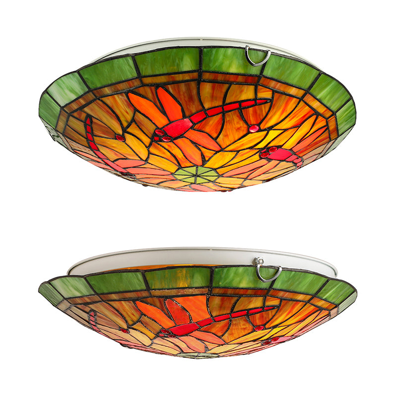 Lodge Dragonfly/Floral Flushmount 3 Bulbs Stained Glass Flush Ceiling Light in Yellow for Living Room - Clearhalo - 'Ceiling Lights' - 'Chandeliers' - 'Close To Ceiling Lights' - 'Close to ceiling' - 'Glass shade' - 'Glass' - 'Semi-flushmount' - 'Tiffany close to ceiling' - 'Tiffany' - Lighting' - 179433