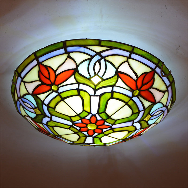 Lodge Dragonfly/Floral Flushmount 3 Bulbs Stained Glass Flush Ceiling Light in Yellow for Living Room - Yellow - Flower - Clearhalo - 'Ceiling Lights' - 'Chandeliers' - 'Close To Ceiling Lights' - 'Close to ceiling' - 'Glass shade' - 'Glass' - 'Semi-flushmount' - 'Tiffany close to ceiling' - 'Tiffany' - Lighting' - 179437