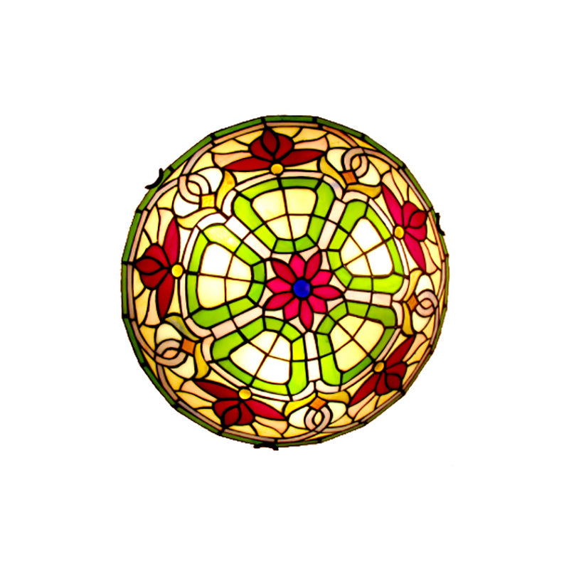 Lodge Dragonfly/Floral Flushmount 3 Bulbs Stained Glass Flush Ceiling Light in Yellow for Living Room - Clearhalo - 'Ceiling Lights' - 'Chandeliers' - 'Close To Ceiling Lights' - 'Close to ceiling' - 'Glass shade' - 'Glass' - 'Semi-flushmount' - 'Tiffany close to ceiling' - 'Tiffany' - Lighting' - 179438