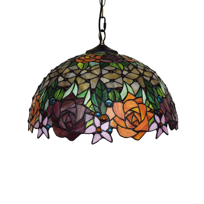 12"/16" Wide Dome Pendant Lighting Victorian 1 Bulb Black Stained Glass Suspended Light Fixture Clearhalo 'Ceiling Lights' 'Industrial' 'Middle Century Pendants' 'Pendant Lights' 'Pendants' 'Tiffany close to ceiling' 'Tiffany Pendants' 'Tiffany' Lighting' 179443