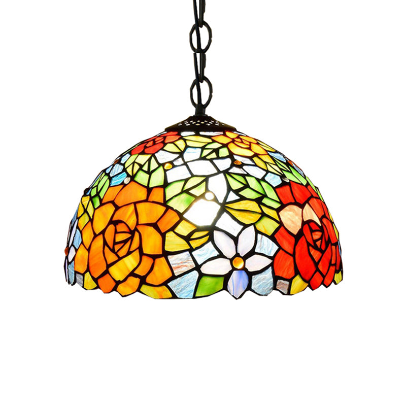 12"/16" Wide Dome Pendant Lighting Victorian 1 Bulb Black Stained Glass Suspended Light Fixture Clearhalo 'Ceiling Lights' 'Industrial' 'Middle Century Pendants' 'Pendant Lights' 'Pendants' 'Tiffany close to ceiling' 'Tiffany Pendants' 'Tiffany' Lighting' 179445