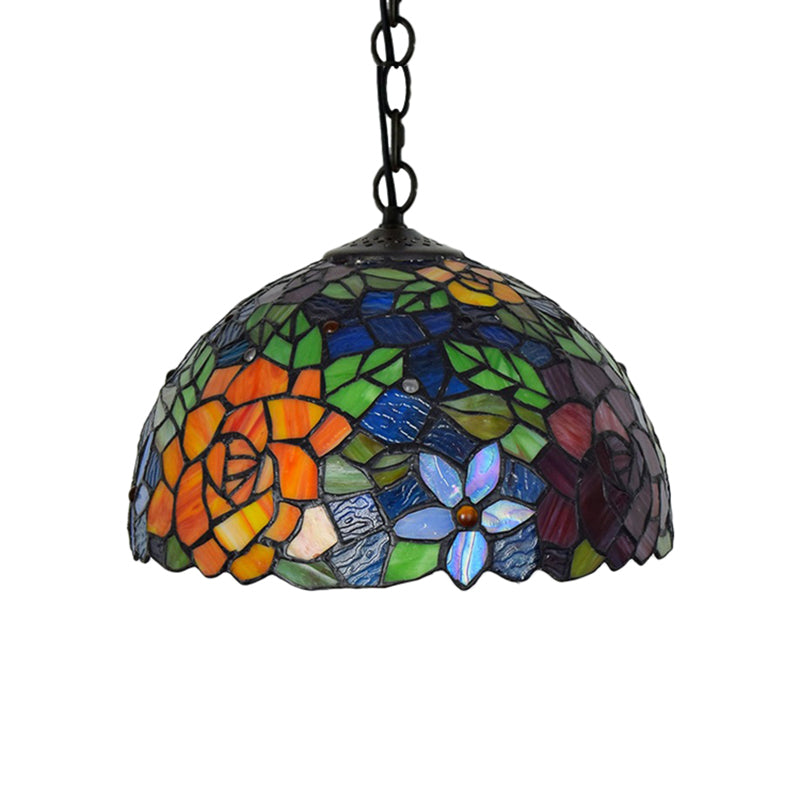 12"/16" Wide Dome Pendant Lighting Victorian 1 Bulb Black Stained Glass Suspended Light Fixture Clearhalo 'Ceiling Lights' 'Industrial' 'Middle Century Pendants' 'Pendant Lights' 'Pendants' 'Tiffany close to ceiling' 'Tiffany Pendants' 'Tiffany' Lighting' 179447