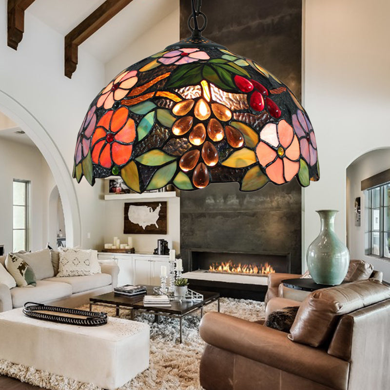 Victorian Floral Suspension Lighting 1 Head Black Stained Art Glass Pendant Light Fixture with Adjustable Metal Chain Clearhalo 'Ceiling Lights' 'Industrial' 'Middle Century Pendants' 'Pendant Lights' 'Pendants' 'Tiffany close to ceiling' 'Tiffany Pendants' 'Tiffany' Lighting' 179454