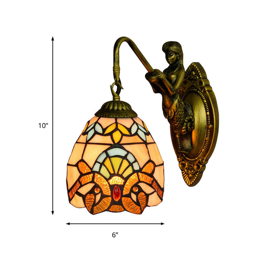 Antique Brass 1 Head Wall Mounted Light Tiffany Multicolor Stained Glass Dome Sconce Light Clearhalo 'Industrial' 'Middle century wall lights' 'Tiffany wall lights' 'Tiffany' 'Wall Lamps & Sconces' 'Wall Lights' Lighting' 179462
