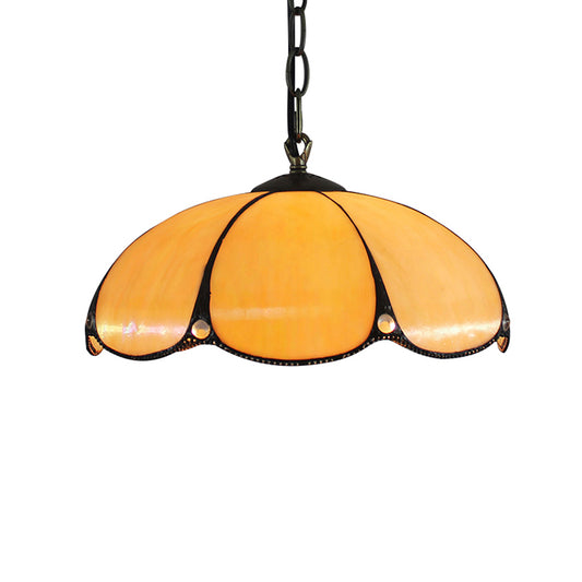 Yellow 1 Head Drop Pendant Tiffany Hand Cut Glass Scalloped Suspension Light with Adjustable Chain for Bedroom Clearhalo 'Ceiling Lights' 'Chandeliers' 'Industrial' 'Middle Century Pendants' 'Pendant Lights' 'Pendants' 'Tiffany close to ceiling' 'Tiffany Pendants' 'Tiffany' Lighting' 179465
