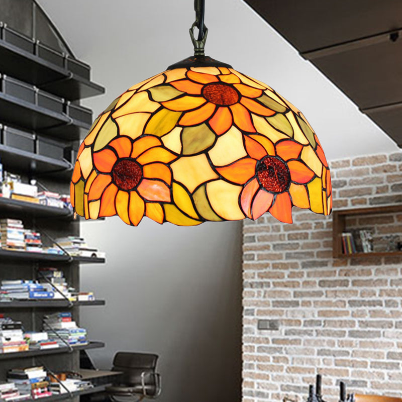 1 Bulb Living Room Hanging Lamp Tiffany Ceiling Pendant Light with Sunflower Orange Cut Glass Shade Clearhalo 'Ceiling Lights' 'Industrial' 'Middle Century Pendants' 'Pendant Lights' 'Pendants' 'Tiffany close to ceiling' 'Tiffany Pendants' 'Tiffany' Lighting' 179468