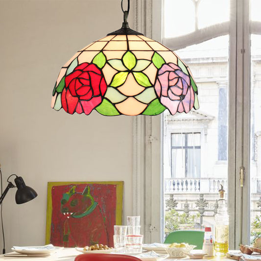 1 Head Bowl Pendant Lamp Baroque Black Stained Glass Suspended Light Fixture with Red/Pink Rose Pattern Black Red Rose Clearhalo 'Ceiling Lights' 'Industrial' 'Middle Century Pendants' 'Pendant Lights' 'Pendants' 'Tiffany close to ceiling' 'Tiffany Pendants' 'Tiffany' Lighting' 179482