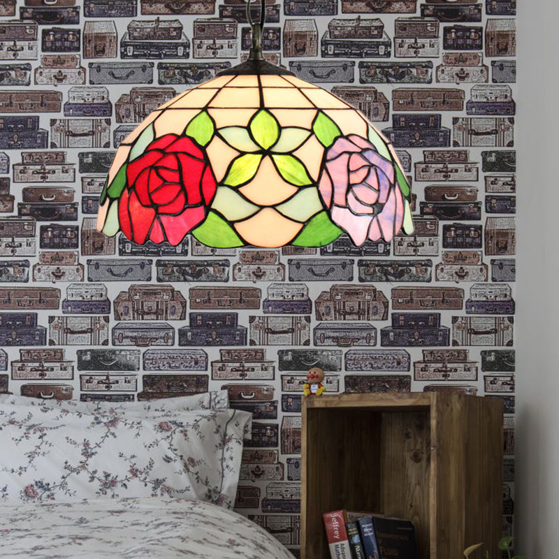 1 Head Bowl Pendant Lamp Baroque Black Stained Glass Suspended Light Fixture with Red/Pink Rose Pattern Clearhalo 'Ceiling Lights' 'Industrial' 'Middle Century Pendants' 'Pendant Lights' 'Pendants' 'Tiffany close to ceiling' 'Tiffany Pendants' 'Tiffany' Lighting' 179483
