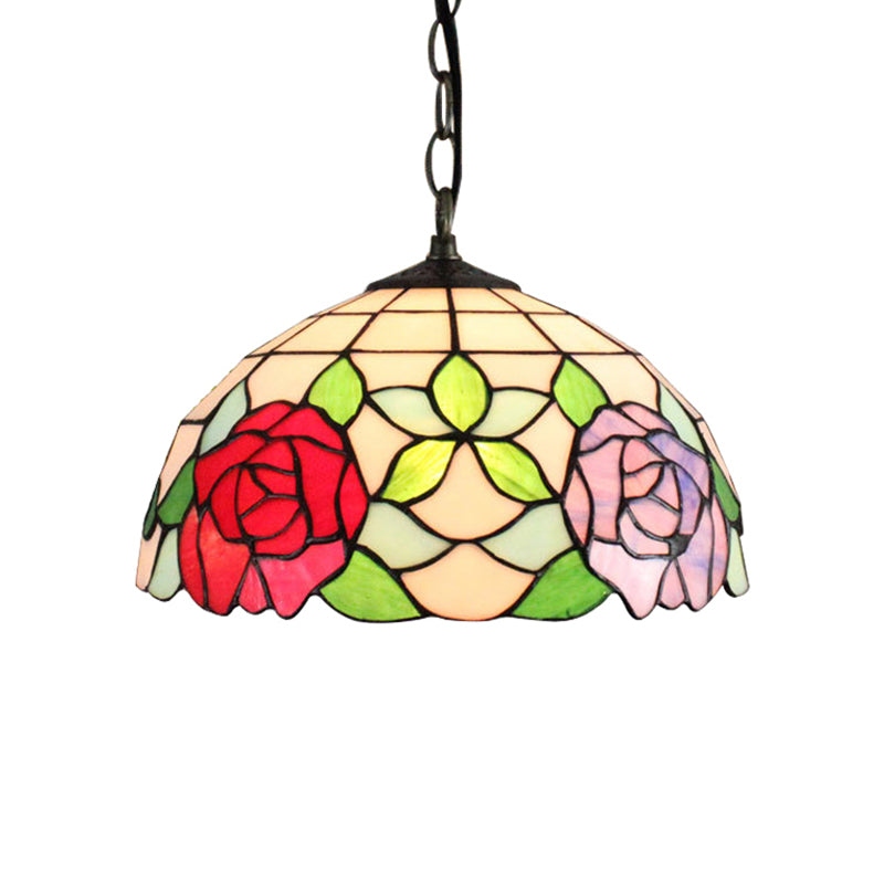 1 Head Bowl Pendant Lamp Baroque Black Stained Glass Suspended Light Fixture with Red/Pink Rose Pattern Clearhalo 'Ceiling Lights' 'Industrial' 'Middle Century Pendants' 'Pendant Lights' 'Pendants' 'Tiffany close to ceiling' 'Tiffany Pendants' 'Tiffany' Lighting' 179484