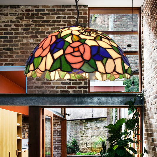 1 Head Bowl Pendant Lamp Baroque Black Stained Glass Suspended Light Fixture with Red/Pink Rose Pattern Black Pink Rose Clearhalo 'Ceiling Lights' 'Industrial' 'Middle Century Pendants' 'Pendant Lights' 'Pendants' 'Tiffany close to ceiling' 'Tiffany Pendants' 'Tiffany' Lighting' 179486