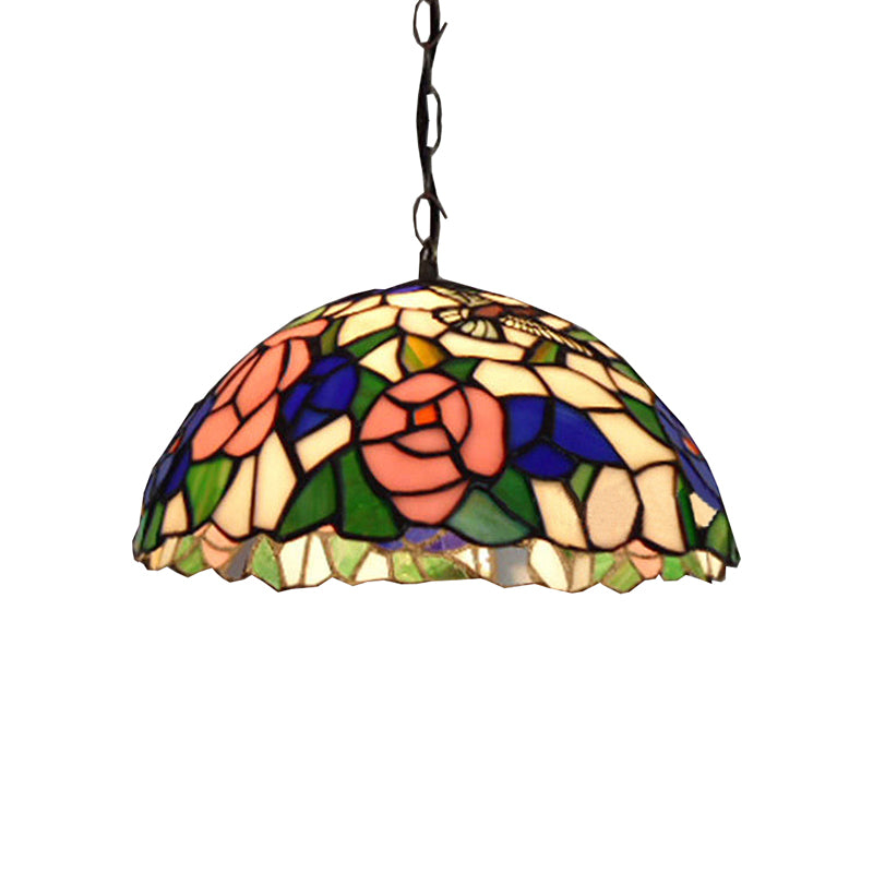 1 Head Bowl Pendant Lamp Baroque Black Stained Glass Suspended Light Fixture with Red/Pink Rose Pattern Clearhalo 'Ceiling Lights' 'Industrial' 'Middle Century Pendants' 'Pendant Lights' 'Pendants' 'Tiffany close to ceiling' 'Tiffany Pendants' 'Tiffany' Lighting' 179487