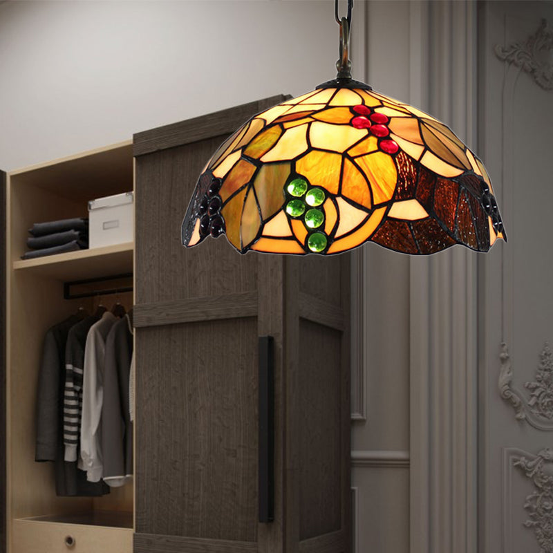 Grape Pendant Lighting Tiffany-Style 12"/16" Wide 1 Head Brown Cut Glass Hanging Ceiling Light Brown 16" Clearhalo 'Ceiling Lights' 'Chandeliers' 'Industrial' 'Middle Century Pendants' 'Pendant Lights' 'Pendants' 'Tiffany close to ceiling' 'Tiffany Pendants' 'Tiffany' Lighting' 179498