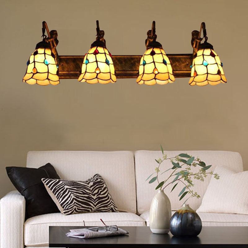 4 Lights Grid Patterned Sconce Light Tiffany Beige Glass Wall Mount Light Fixture Beige Clearhalo 'Industrial' 'Middle century wall lights' 'Tiffany wall lights' 'Tiffany' 'Wall Lamps & Sconces' 'Wall Lights' Lighting' 179504