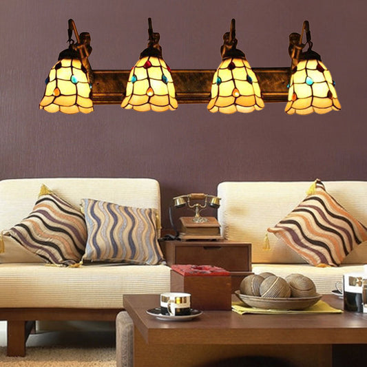 4 Lights Grid Patterned Sconce Light Tiffany Beige Glass Wall Mount Light Fixture Clearhalo 'Industrial' 'Middle century wall lights' 'Tiffany wall lights' 'Tiffany' 'Wall Lamps & Sconces' 'Wall Lights' Lighting' 179505