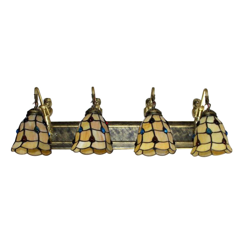 4 Lights Grid Patterned Sconce Light Tiffany Beige Glass Wall Mount Light Fixture Clearhalo 'Industrial' 'Middle century wall lights' 'Tiffany wall lights' 'Tiffany' 'Wall Lamps & Sconces' 'Wall Lights' Lighting' 179507