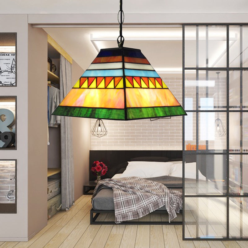 Geometric Stained Glass Ceiling Lamp Tiffany Single Light Pink and Green Pendant Lighting Fixture for Bedroom Pink-Green Clearhalo 'Ceiling Lights' 'Industrial' 'Middle Century Pendants' 'Pendant Lights' 'Pendants' 'Tiffany close to ceiling' 'Tiffany Pendants' 'Tiffany' Lighting' 179509