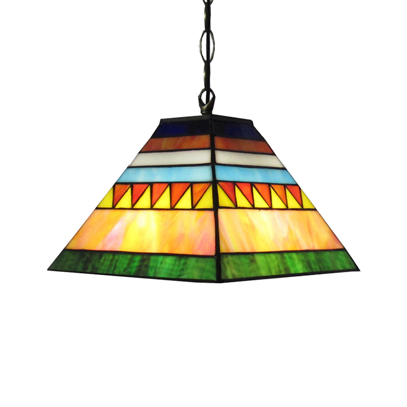 Geometric Stained Glass Ceiling Lamp Tiffany Single Light Pink and Green Pendant Lighting Fixture for Bedroom Clearhalo 'Ceiling Lights' 'Industrial' 'Middle Century Pendants' 'Pendant Lights' 'Pendants' 'Tiffany close to ceiling' 'Tiffany Pendants' 'Tiffany' Lighting' 179511