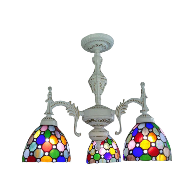 Moroccan Tiffany Dot Dome Chandelier 3 Lights Stained Glass Hanging Light for Restaurant Clearhalo 'Ceiling Lights' 'Close To Ceiling Lights' 'Close to ceiling' 'Glass shade' 'Glass' 'Semi-flushmount' 'Tiffany close to ceiling' 'Tiffany' Lighting' 179516