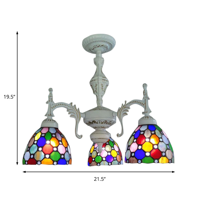 Moroccan Tiffany Dot Dome Chandelier 3 Lights Stained Glass Hanging Light for Restaurant Clearhalo 'Ceiling Lights' 'Close To Ceiling Lights' 'Close to ceiling' 'Glass shade' 'Glass' 'Semi-flushmount' 'Tiffany close to ceiling' 'Tiffany' Lighting' 179517