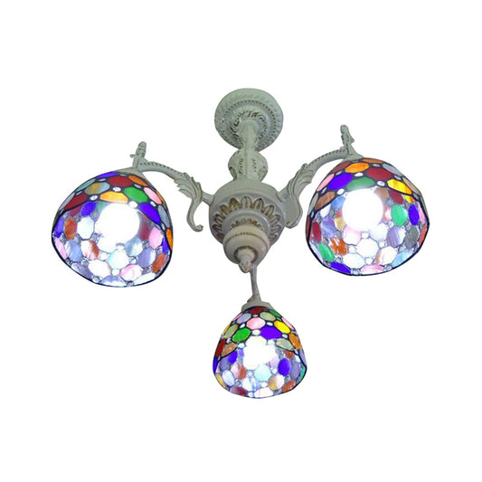 Moroccan Tiffany Dot Dome Chandelier 3 Lights Stained Glass Hanging Light for Restaurant Clearhalo 'Ceiling Lights' 'Close To Ceiling Lights' 'Close to ceiling' 'Glass shade' 'Glass' 'Semi-flushmount' 'Tiffany close to ceiling' 'Tiffany' Lighting' 179518