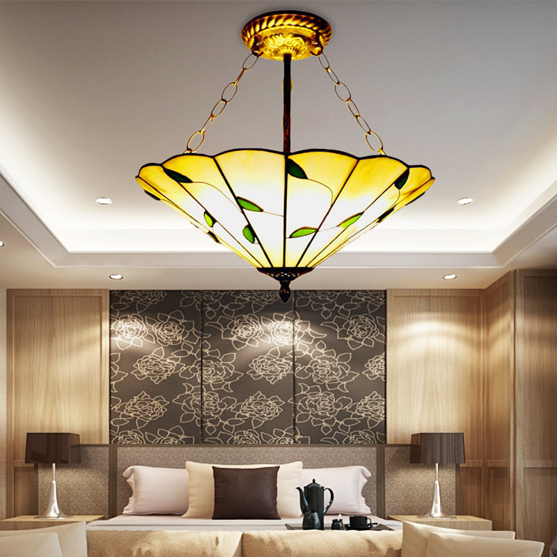 Stained Glass Inverted Ceiling Light 19.5"/16" Width Lodge Style Multi Light Semi Flush Mount Light in Beige Beige 16" Clearhalo 'Ceiling Lights' 'Close To Ceiling Lights' 'Close to ceiling' 'Glass shade' 'Glass' 'Pendant Lights' 'Semi-flushmount' 'Tiffany close to ceiling' 'Tiffany' Lighting' 179519