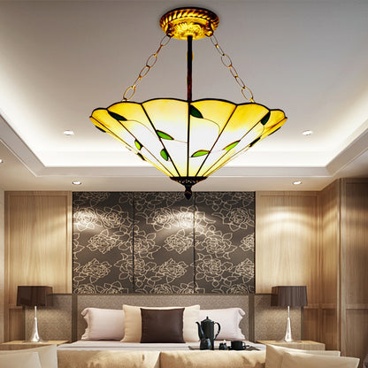 Stained Glass Inverted Ceiling Light 19.5"/16" Width Lodge Style Multi Light Semi Flush Mount Light in Beige Beige 16" Clearhalo 'Ceiling Lights' 'Close To Ceiling Lights' 'Close to ceiling' 'Glass shade' 'Glass' 'Pendant Lights' 'Semi-flushmount' 'Tiffany close to ceiling' 'Tiffany' Lighting' 179519