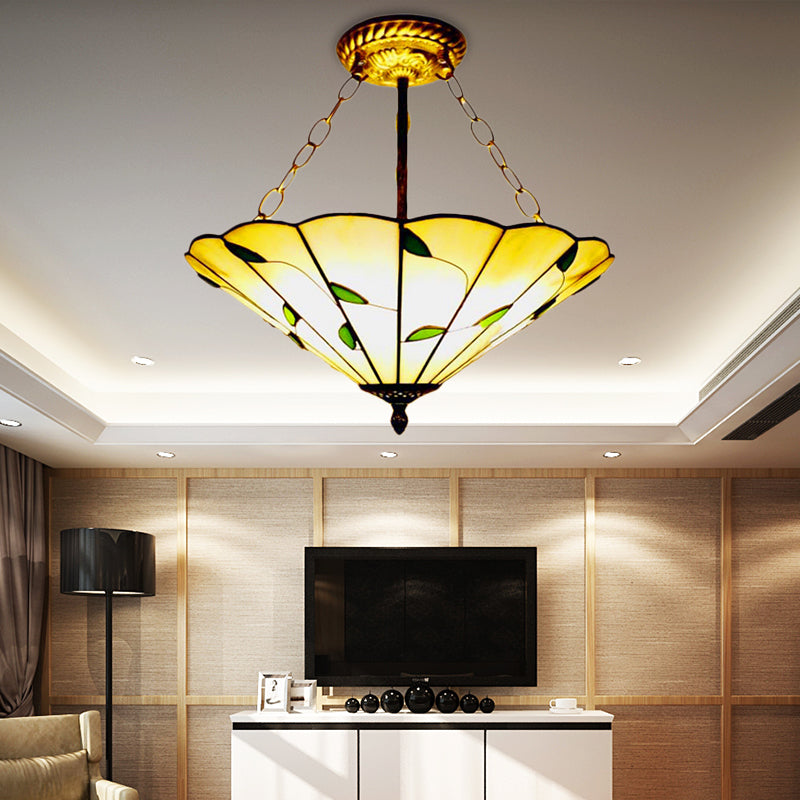 Stained Glass Inverted Ceiling Light 19.5"/16" Width Lodge Style Multi Light Semi Flush Mount Light in Beige Clearhalo 'Ceiling Lights' 'Close To Ceiling Lights' 'Close to ceiling' 'Glass shade' 'Glass' 'Pendant Lights' 'Semi-flushmount' 'Tiffany close to ceiling' 'Tiffany' Lighting' 179520