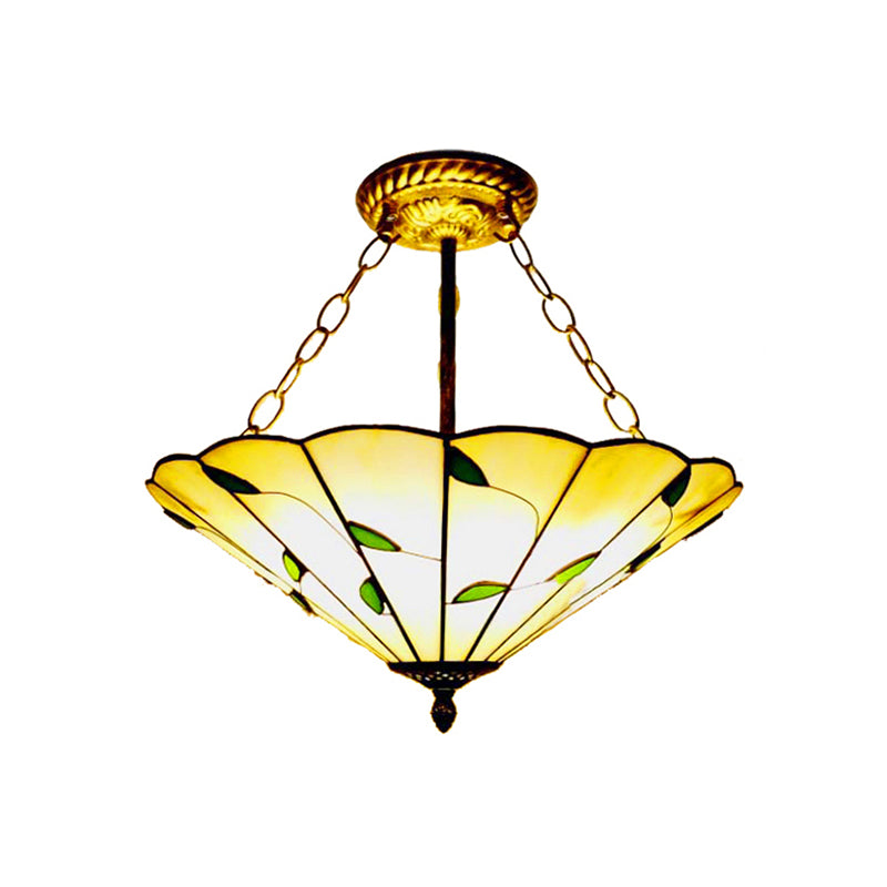 Stained Glass Inverted Ceiling Light 19.5"/16" Width Lodge Style Multi Light Semi Flush Mount Light in Beige Clearhalo 'Ceiling Lights' 'Close To Ceiling Lights' 'Close to ceiling' 'Glass shade' 'Glass' 'Pendant Lights' 'Semi-flushmount' 'Tiffany close to ceiling' 'Tiffany' Lighting' 179521