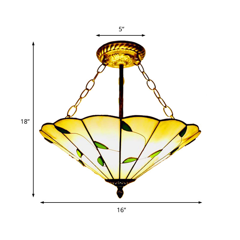 Stained Glass Inverted Ceiling Light 19.5"/16" Width Lodge Style Multi Light Semi Flush Mount Light in Beige Clearhalo 'Ceiling Lights' 'Close To Ceiling Lights' 'Close to ceiling' 'Glass shade' 'Glass' 'Pendant Lights' 'Semi-flushmount' 'Tiffany close to ceiling' 'Tiffany' Lighting' 179522