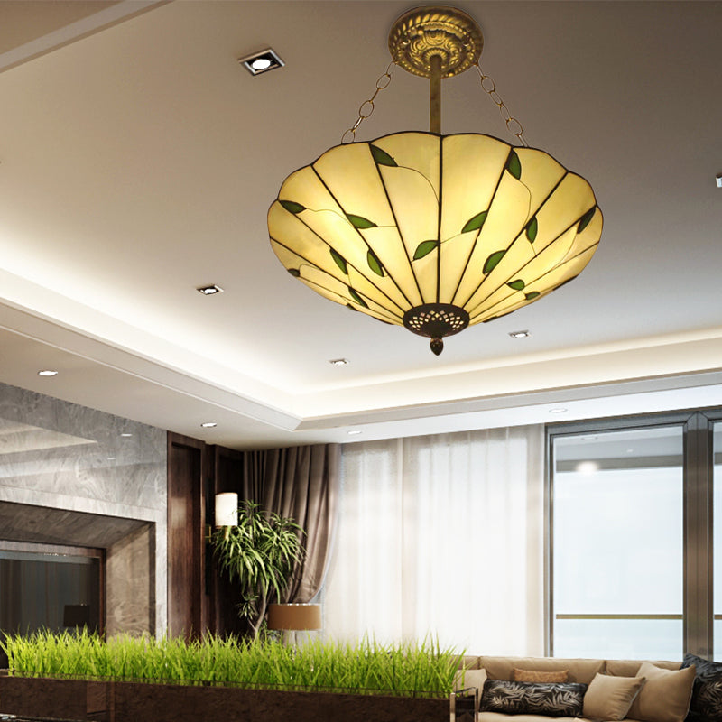 Stained Glass Inverted Ceiling Light 19.5"/16" Width Lodge Style Multi Light Semi Flush Mount Light in Beige Beige 19.5" Clearhalo 'Ceiling Lights' 'Close To Ceiling Lights' 'Close to ceiling' 'Glass shade' 'Glass' 'Pendant Lights' 'Semi-flushmount' 'Tiffany close to ceiling' 'Tiffany' Lighting' 179523