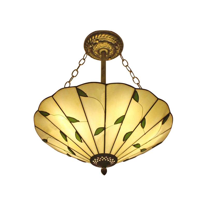 Stained Glass Inverted Ceiling Light 19.5"/16" Width Lodge Style Multi Light Semi Flush Mount Light in Beige Clearhalo 'Ceiling Lights' 'Close To Ceiling Lights' 'Close to ceiling' 'Glass shade' 'Glass' 'Pendant Lights' 'Semi-flushmount' 'Tiffany close to ceiling' 'Tiffany' Lighting' 179524