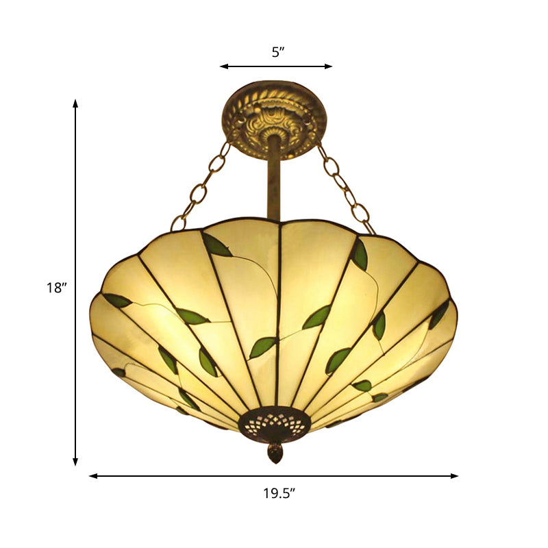 Stained Glass Inverted Ceiling Light 19.5"/16" Width Lodge Style Multi Light Semi Flush Mount Light in Beige Clearhalo 'Ceiling Lights' 'Close To Ceiling Lights' 'Close to ceiling' 'Glass shade' 'Glass' 'Pendant Lights' 'Semi-flushmount' 'Tiffany close to ceiling' 'Tiffany' Lighting' 179525