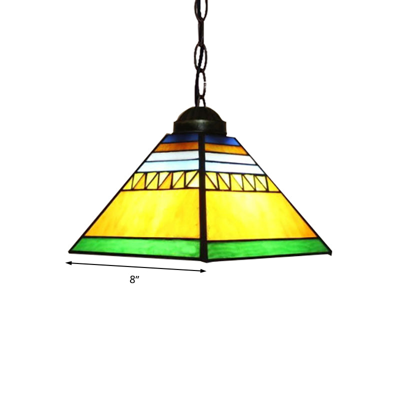 1 Light Foyer Pendant Lighting Tiffany Yellow Hanging Ceiling Light with Trapezoid Stained Glass Shade Clearhalo 'Ceiling Lights' 'Industrial' 'Middle Century Pendants' 'Pendant Lights' 'Pendants' 'Tiffany close to ceiling' 'Tiffany Pendants' 'Tiffany' Lighting' 179529