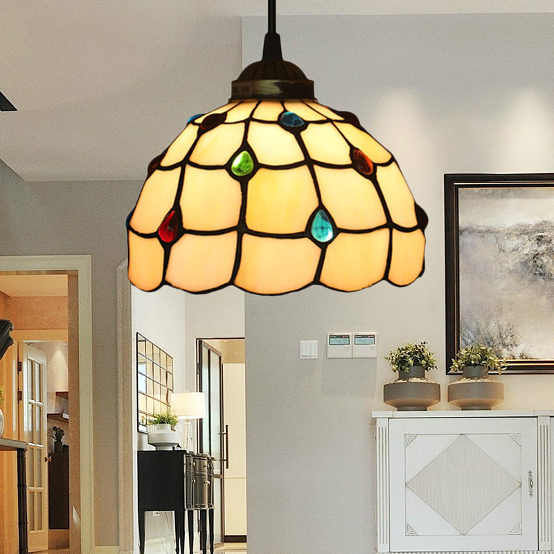 Stained Glass Beige Pendant Lamp Beaded 1 Bulb Tiffany Hanging Light Kit for Study, 8"/12" Wide Clearhalo 'Ceiling Lights' 'Close To Ceiling Lights' 'Industrial' 'Middle Century Pendants' 'Pendant Lights' 'Pendants' 'Tiffany close to ceiling' 'Tiffany Pendants' 'Tiffany' Lighting' 179536