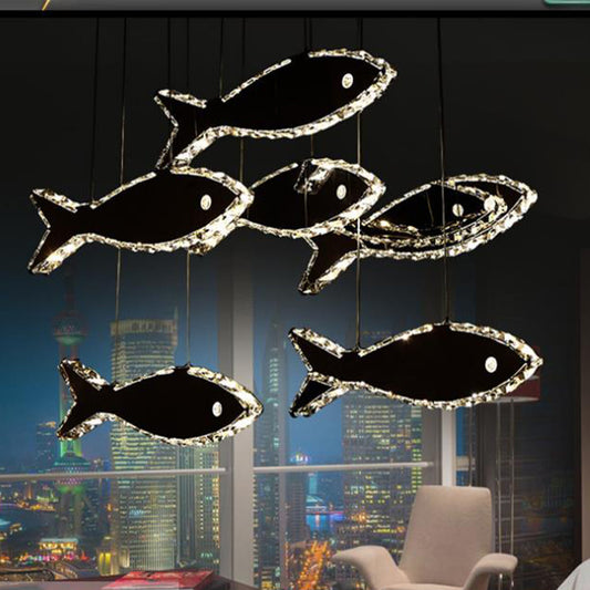 Crystal Fish Ceiling Chandelier Contemporary LED Chrome Hanging Light Fixture in White/Warm Light Chrome Clearhalo 'Ceiling Lights' 'Chandeliers' 'Modern Chandeliers' 'Modern' Lighting' 1795361