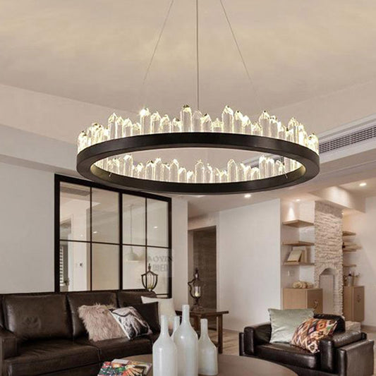 Circle Chandelier Light Modernism Crystal LED Black Suspended Lighting Fixture in Warm/White Light, 16"/23.5"/31.5" Wide Black