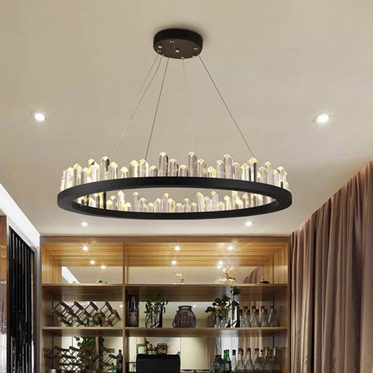 Circle Chandelier Light Modernism Crystal LED Black Suspended Lighting Fixture in Warm/White Light, 16"/23.5"/31.5" Wide Clearhalo 'Ceiling Lights' 'Chandeliers' 'Modern Chandeliers' 'Modern' Lighting' 1795379