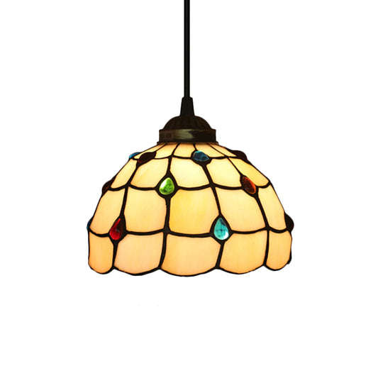 Stained Glass Beige Pendant Lamp Beaded 1 Bulb Tiffany Hanging Light Kit for Study, 8"/12" Wide Clearhalo 'Ceiling Lights' 'Close To Ceiling Lights' 'Industrial' 'Middle Century Pendants' 'Pendant Lights' 'Pendants' 'Tiffany close to ceiling' 'Tiffany Pendants' 'Tiffany' Lighting' 179537