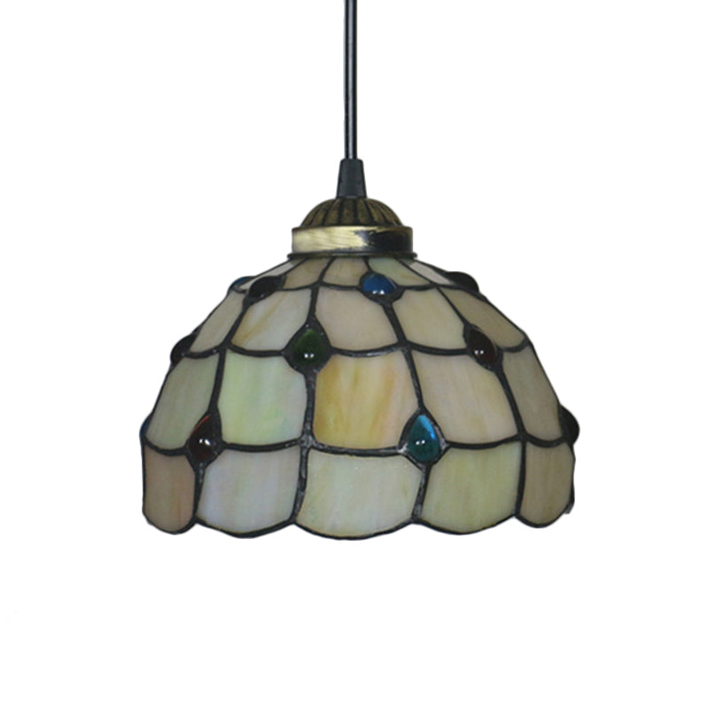 Stained Glass Beige Pendant Lamp Beaded 1 Bulb Tiffany Hanging Light Kit for Study, 8"/12" Wide Clearhalo 'Ceiling Lights' 'Close To Ceiling Lights' 'Industrial' 'Middle Century Pendants' 'Pendant Lights' 'Pendants' 'Tiffany close to ceiling' 'Tiffany Pendants' 'Tiffany' Lighting' 179538
