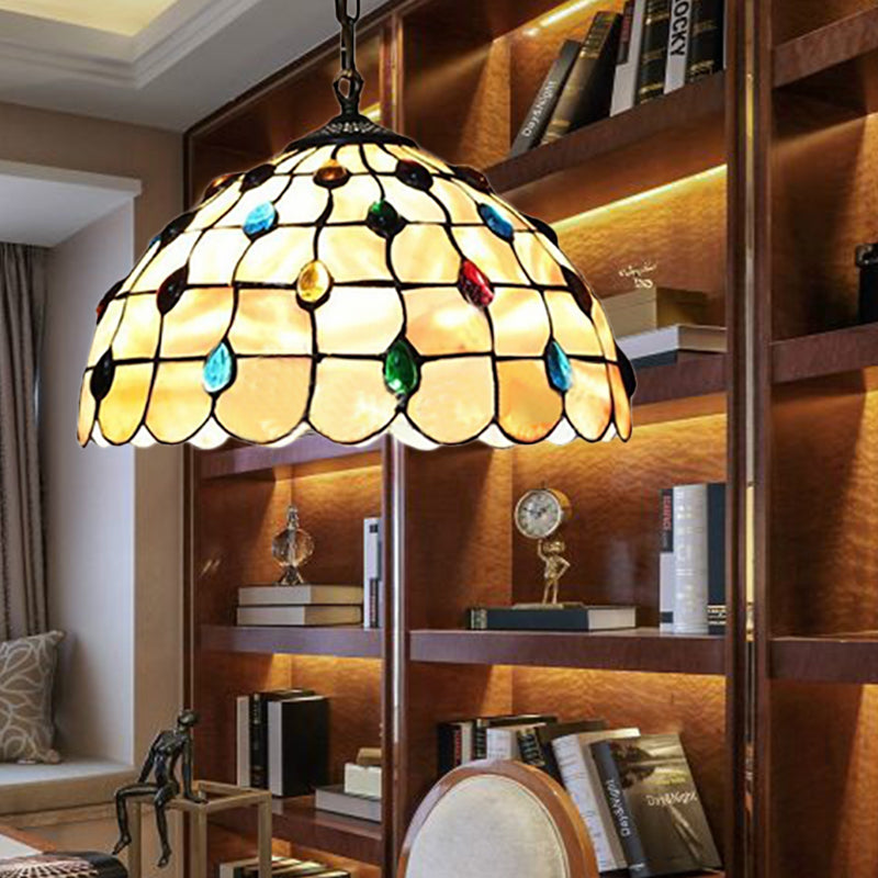 Stained Glass Beige Pendant Lamp Beaded 1 Bulb Tiffany Hanging Light Kit for Study, 8"/12" Wide Beige 12" Clearhalo 'Ceiling Lights' 'Close To Ceiling Lights' 'Industrial' 'Middle Century Pendants' 'Pendant Lights' 'Pendants' 'Tiffany close to ceiling' 'Tiffany Pendants' 'Tiffany' Lighting' 179540