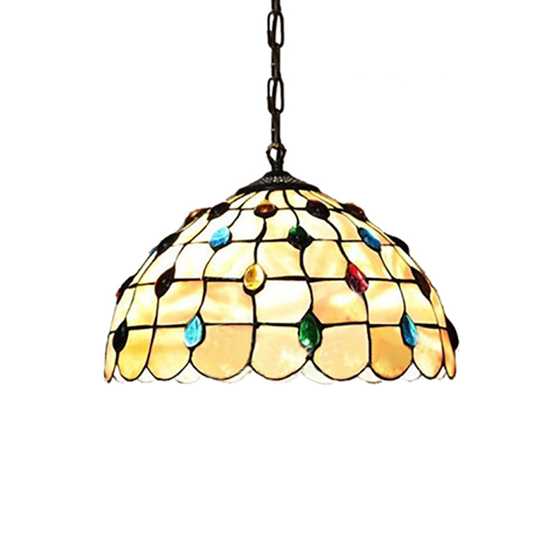 Stained Glass Beige Pendant Lamp Beaded 1 Bulb Tiffany Hanging Light Kit for Study, 8"/12" Wide Clearhalo 'Ceiling Lights' 'Close To Ceiling Lights' 'Industrial' 'Middle Century Pendants' 'Pendant Lights' 'Pendants' 'Tiffany close to ceiling' 'Tiffany Pendants' 'Tiffany' Lighting' 179541
