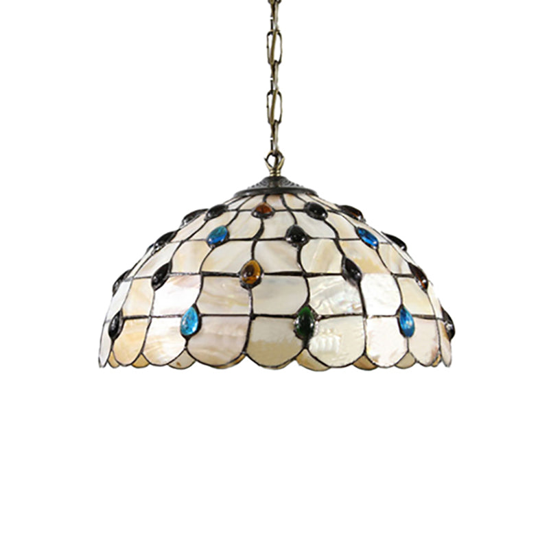 Stained Glass Beige Pendant Lamp Beaded 1 Bulb Tiffany Hanging Light Kit for Study, 8"/12" Wide Clearhalo 'Ceiling Lights' 'Close To Ceiling Lights' 'Industrial' 'Middle Century Pendants' 'Pendant Lights' 'Pendants' 'Tiffany close to ceiling' 'Tiffany Pendants' 'Tiffany' Lighting' 179542