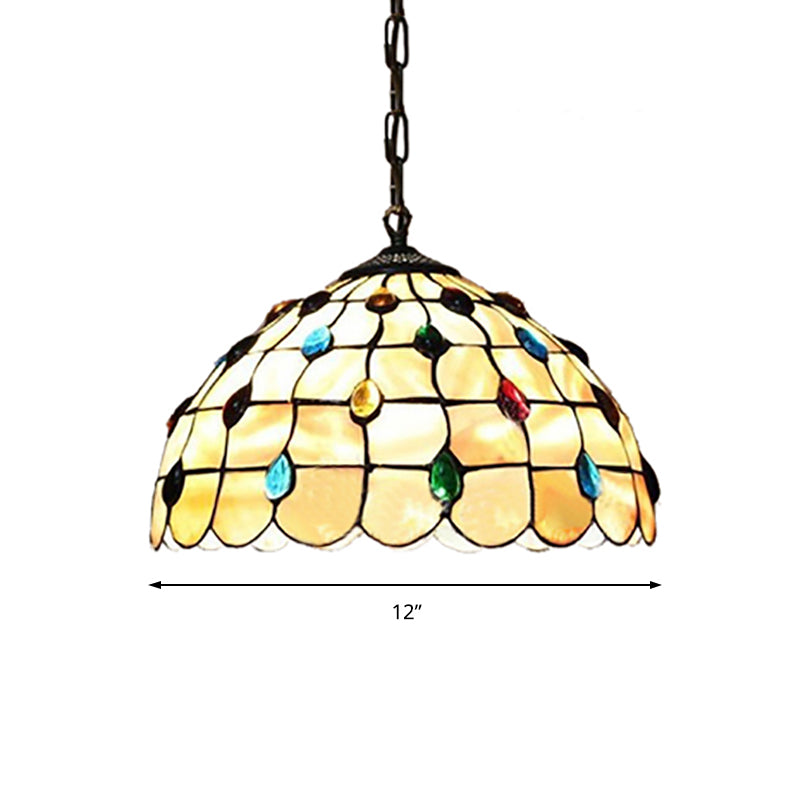 Stained Glass Beige Pendant Lamp Beaded 1 Bulb Tiffany Hanging Light Kit for Study, 8"/12" Wide Clearhalo 'Ceiling Lights' 'Close To Ceiling Lights' 'Industrial' 'Middle Century Pendants' 'Pendant Lights' 'Pendants' 'Tiffany close to ceiling' 'Tiffany Pendants' 'Tiffany' Lighting' 179543