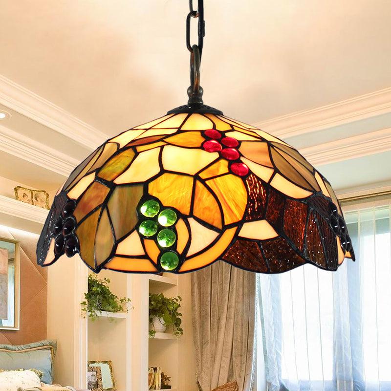 Brown Hand Cut Glass Bowl Suspension Pendant Baroque 1 Bulb Ceiling Hanging Light with Grape Pattern Brown Clearhalo 'Ceiling Lights' 'Industrial' 'Middle Century Pendants' 'Pendant Lights' 'Pendants' 'Tiffany close to ceiling' 'Tiffany Pendants' 'Tiffany' Lighting' 179544