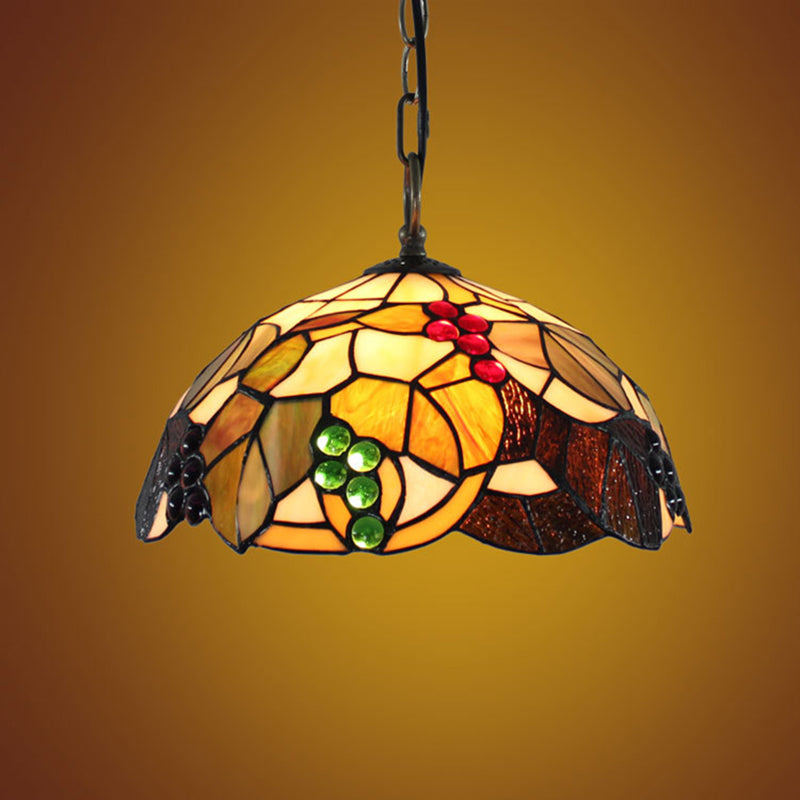 Brown Hand Cut Glass Bowl Suspension Pendant Baroque 1 Bulb Ceiling Hanging Light with Grape Pattern Clearhalo 'Ceiling Lights' 'Industrial' 'Middle Century Pendants' 'Pendant Lights' 'Pendants' 'Tiffany close to ceiling' 'Tiffany Pendants' 'Tiffany' Lighting' 179545