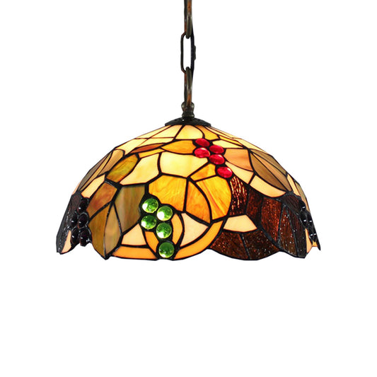 Brown Hand Cut Glass Bowl Suspension Pendant Baroque 1 Bulb Ceiling Hanging Light with Grape Pattern Clearhalo 'Ceiling Lights' 'Industrial' 'Middle Century Pendants' 'Pendant Lights' 'Pendants' 'Tiffany close to ceiling' 'Tiffany Pendants' 'Tiffany' Lighting' 179546