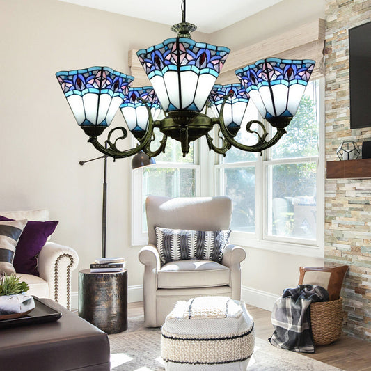 5 Lights Pyramid Chandelier Lighting Tiffany Mission Stained Glass Pendant Light with Curved Arm Clearhalo 'Ceiling Lights' 'Chandeliers' 'Industrial' 'Middle Century Chandeliers' 'Tiffany Chandeliers' 'Tiffany close to ceiling' 'Tiffany' Lighting' 179549