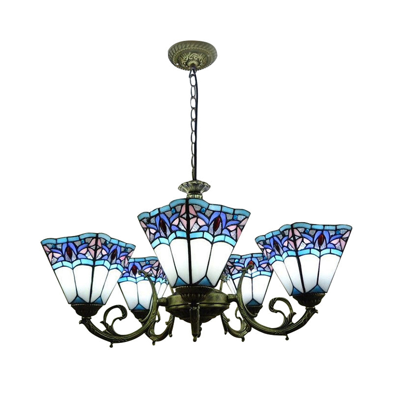 5 Lights Pyramid Chandelier Lighting Tiffany Mission Stained Glass Pendant Light with Curved Arm Clearhalo 'Ceiling Lights' 'Chandeliers' 'Industrial' 'Middle Century Chandeliers' 'Tiffany Chandeliers' 'Tiffany close to ceiling' 'Tiffany' Lighting' 179550
