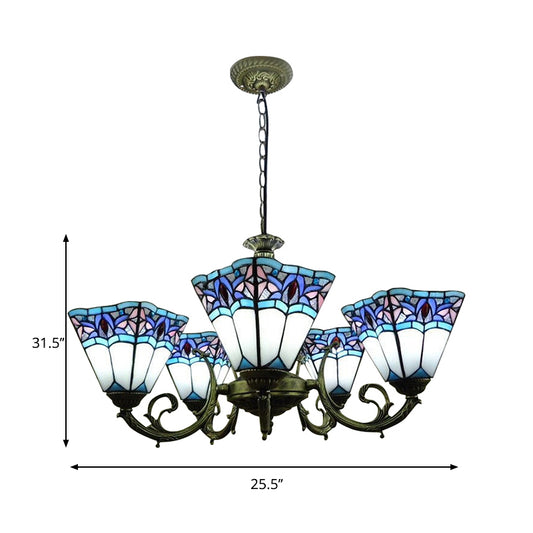 5 Lights Pyramid Chandelier Lighting Tiffany Mission Stained Glass Pendant Light with Curved Arm Clearhalo 'Ceiling Lights' 'Chandeliers' 'Industrial' 'Middle Century Chandeliers' 'Tiffany Chandeliers' 'Tiffany close to ceiling' 'Tiffany' Lighting' 179551